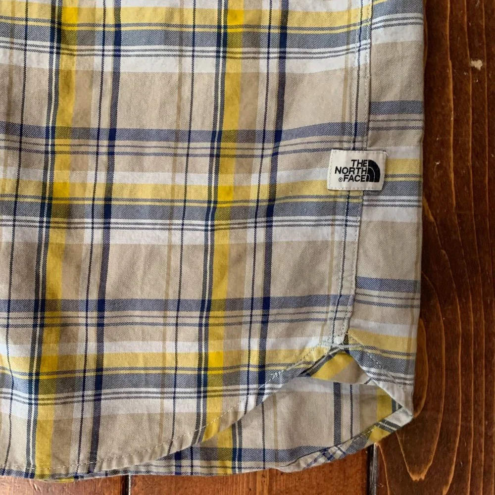 The North Face Men's Yellow Blue Plaid Long Sleeve Medium Button Down Shirt EUC